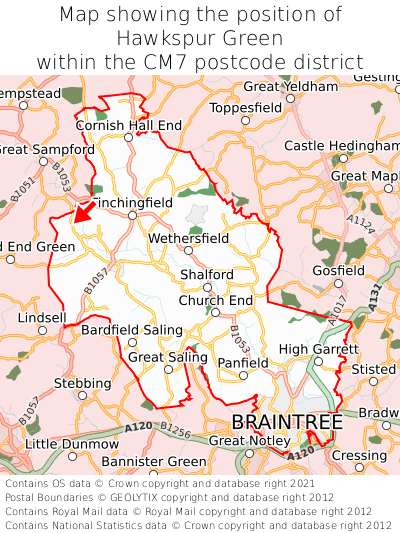 Map showing location of Hawkspur Green within CM7