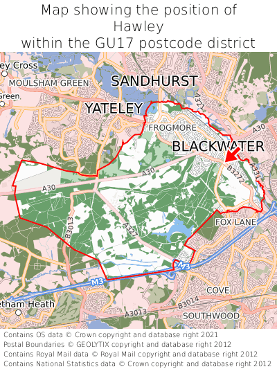 Map showing location of Hawley within GU17