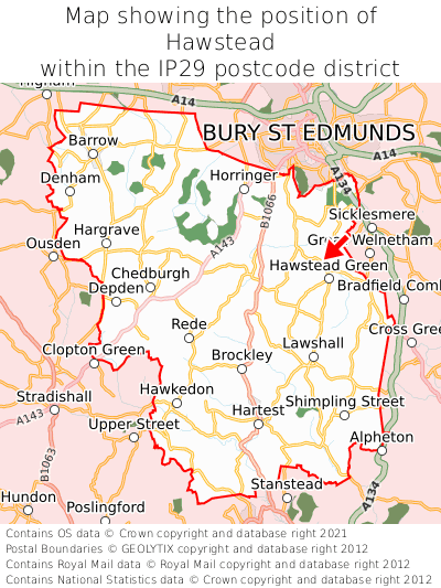 Map showing location of Hawstead within IP29