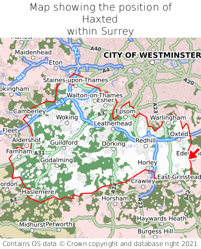 Map showing location of Haxted within Surrey