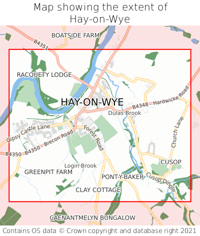 Map showing extent of Hay-on-Wye as bounding box