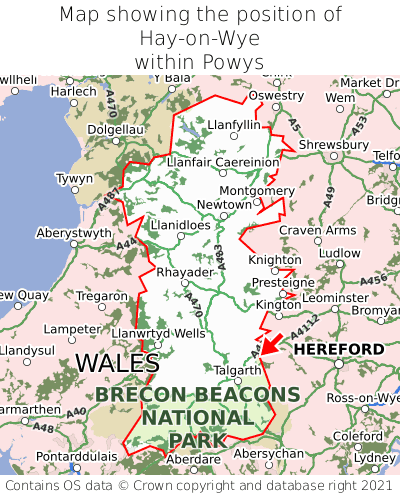 Map showing location of Hay-on-Wye within Powys