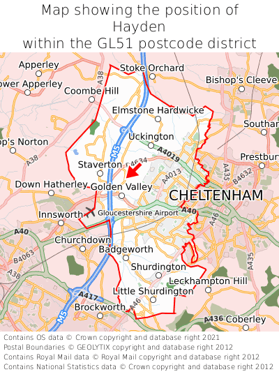 Map showing location of Hayden within GL51