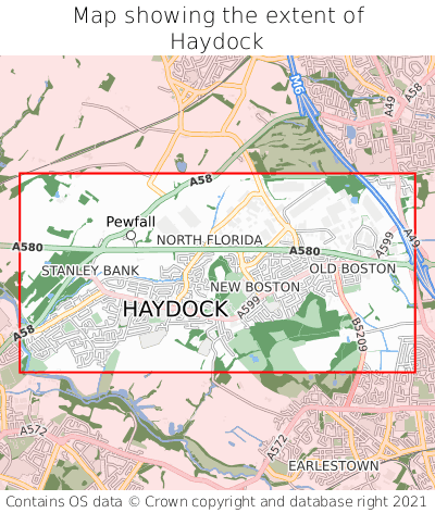 Map showing extent of Haydock as bounding box