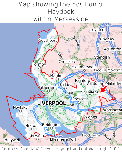 Map showing location of Haydock within Merseyside