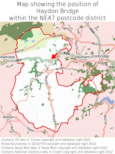 Map showing location of Haydon Bridge within NE47