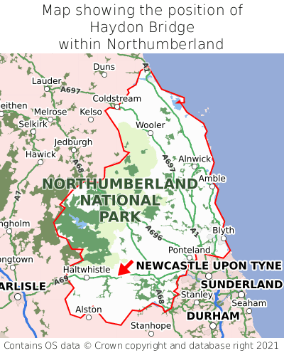 Map showing location of Haydon Bridge within Northumberland