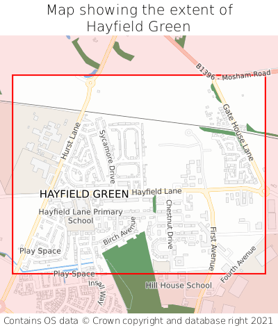 Map showing extent of Hayfield Green as bounding box