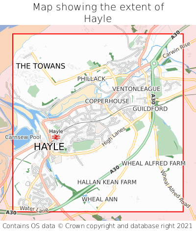 Map showing extent of Hayle as bounding box