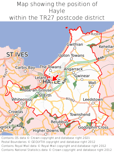 Map showing location of Hayle within TR27
