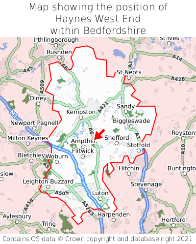 Map showing location of Haynes West End within Bedfordshire