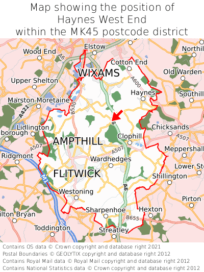 Map showing location of Haynes West End within MK45
