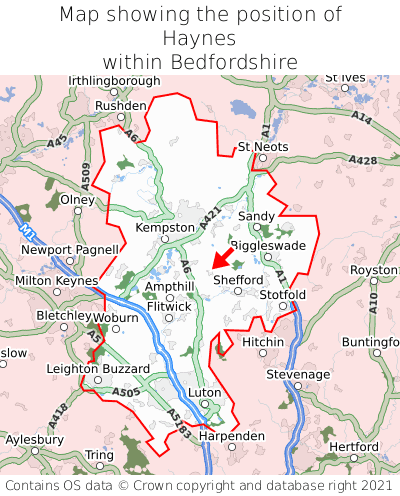 Map showing location of Haynes within Bedfordshire