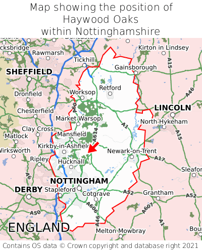 Map showing location of Haywood Oaks within Nottinghamshire