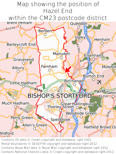 Map showing location of Hazel End within CM23