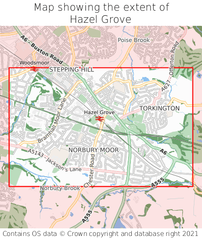 Map showing extent of Hazel Grove as bounding box