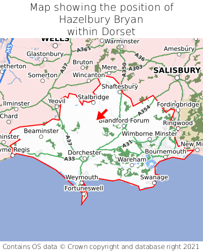 Map showing location of Hazelbury Bryan within Dorset