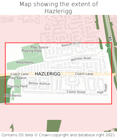 Map showing extent of Hazlerigg as bounding box