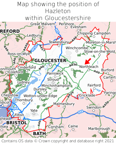Map showing location of Hazleton within Gloucestershire