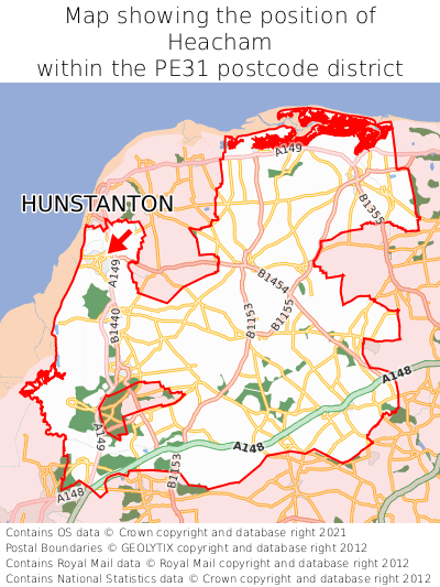Map showing location of Heacham within PE31