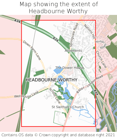 Map showing extent of Headbourne Worthy as bounding box