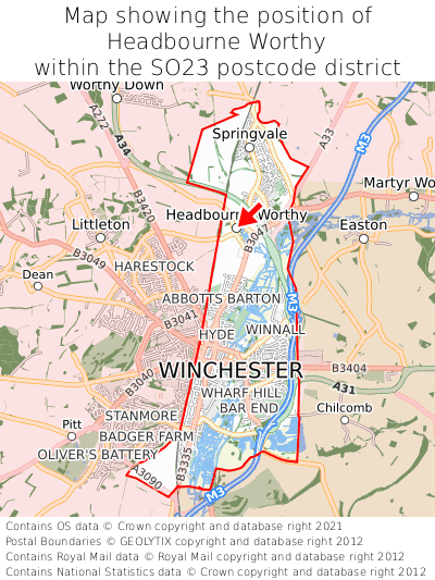 Map showing location of Headbourne Worthy within SO23