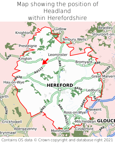 Map showing location of Headland within Herefordshire