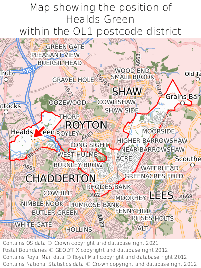 Map showing location of Healds Green within OL1