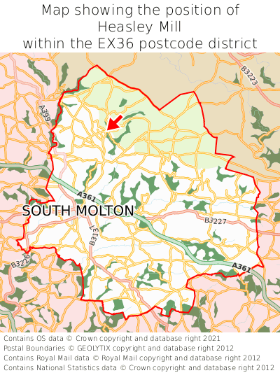 Map showing location of Heasley Mill within EX36