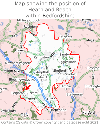 Map showing location of Heath and Reach within Bedfordshire