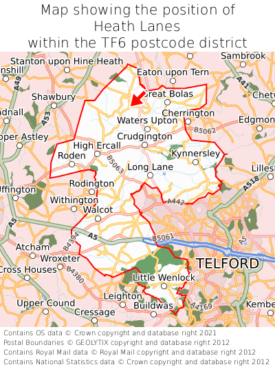Map showing location of Heath Lanes within TF6