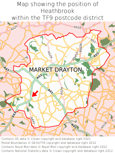 Map showing location of Heathbrook within TF9