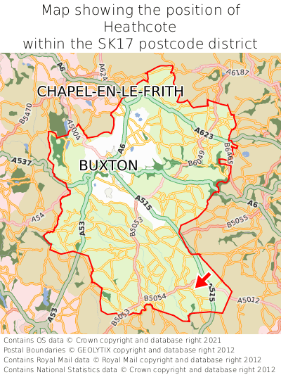 Map showing location of Heathcote within SK17