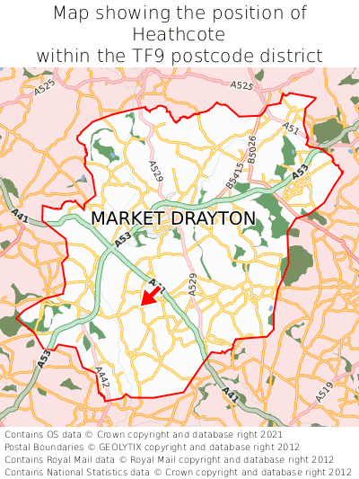 Map showing location of Heathcote within TF9