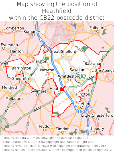 Map showing location of Heathfield within CB22