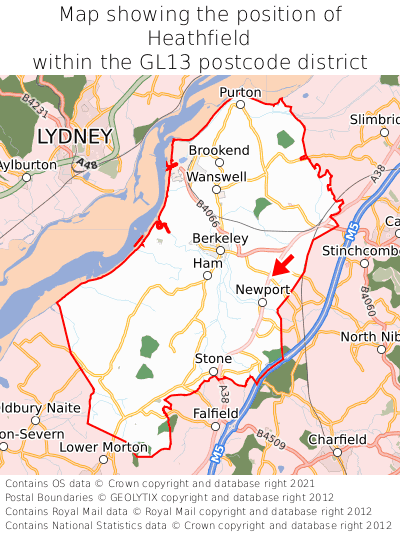 Map showing location of Heathfield within GL13