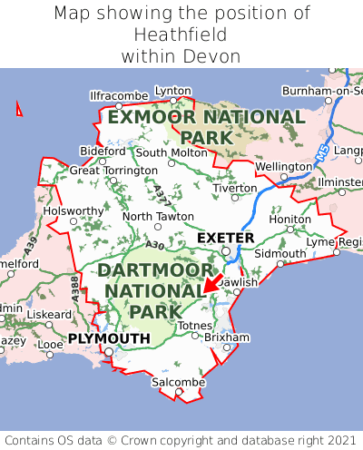 Map showing location of Heathfield within Devon