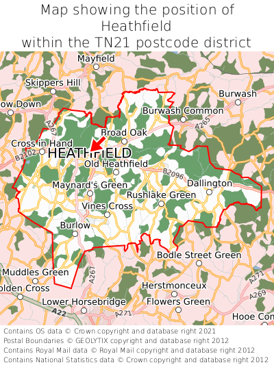 Map showing location of Heathfield within TN21