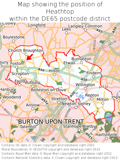 Map showing location of Heathtop within DE65