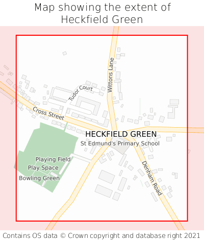 Map showing extent of Heckfield Green as bounding box