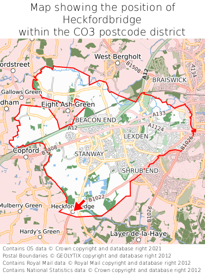 Map showing location of Heckfordbridge within CO3