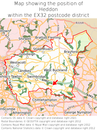 Map showing location of Heddon within EX32
