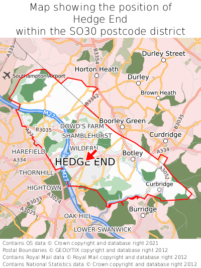 Map showing location of Hedge End within SO30