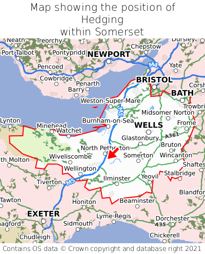 Map showing location of Hedging within Somerset