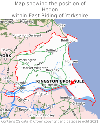 Map showing location of Hedon within East Riding of Yorkshire