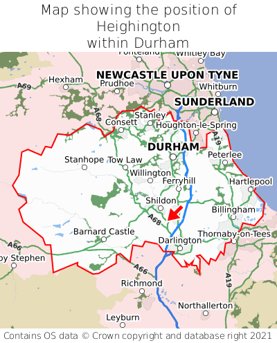 Map showing location of Heighington within Durham