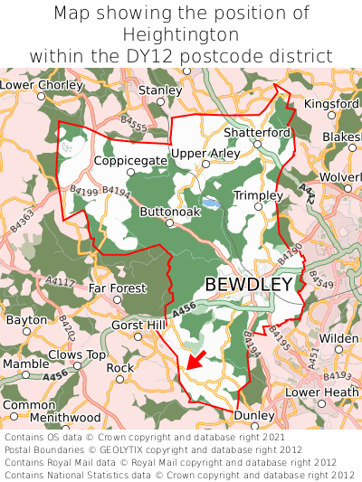 Map showing location of Heightington within DY12