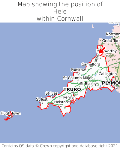 Map showing location of Hele within Cornwall