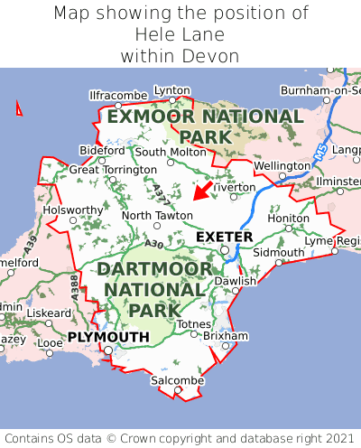 Map showing location of Hele Lane within Devon