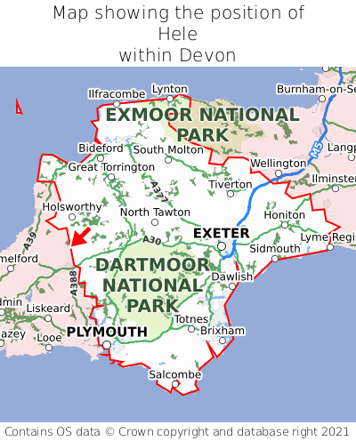 Map showing location of Hele within Devon